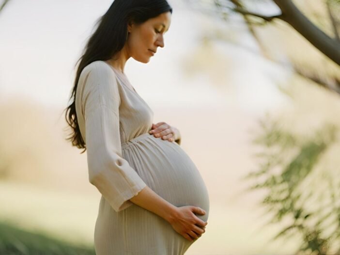 Considerações sobre violência obstétrica e o parto adequado - Imagem de mulher grávida em serenidade num jardim com as mãos acima e abaixo da barriga.